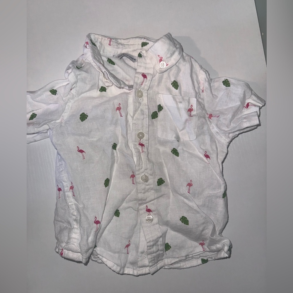 Janie and Jack White Kids Button-Up Shirt with Pink Flamingo & Green Leaf Print